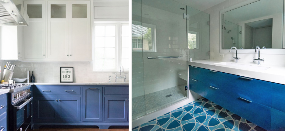 Above, left: Brazilian Calacatta quartzite paired with blue cabinetry. Above, right: Sherwin-Williams Naval blue paired aqua tiles and classic white vanity and shower