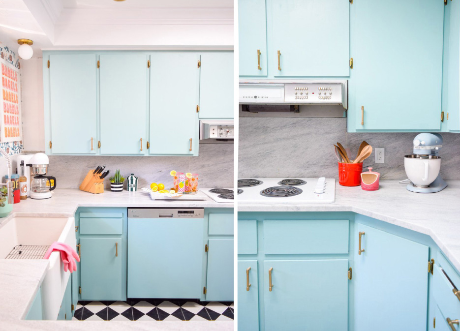 Paint cabinet color: Opal Silk by Behr – a perfect retro choice.