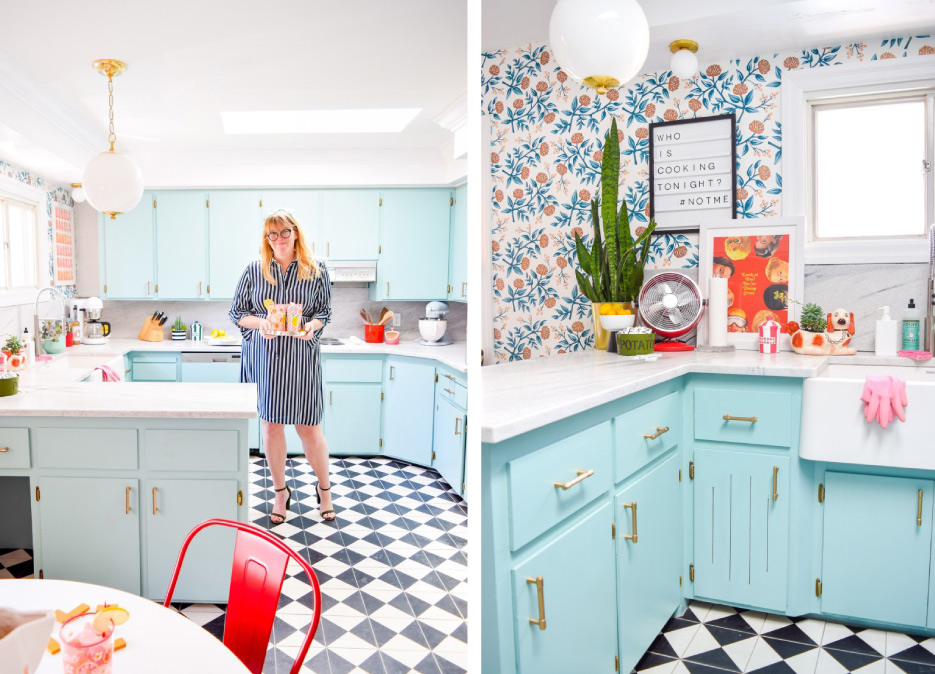 Designer Ariel Garneau serves up retro cocktails to match the vibe of her revamped design and the home’s original charm. The cement tile here from Villa Lagoon looks like it might be the original flooring in a mint 1950’s home. Garneau’s clever sourcing balances retro and modern elements for a space that feels fresh. Above, right: The American marble countertops pair nicely with Copper Peonies Rifle Paper Co. x Hygge & West wallpaper and satin brass Myles Lever door handles with Modern Rectangular Rosette and Jasper cabinet and drawer