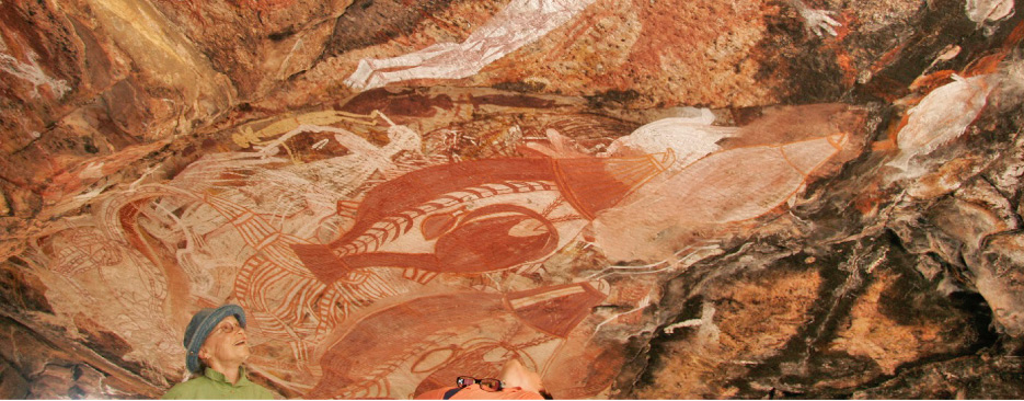 Inside the Gabarnmang rockshelter, the ceiling has been richly decorated over a period of thousands of years. Relatively recent art (within last 600 years) overlaps some truly ancient work.