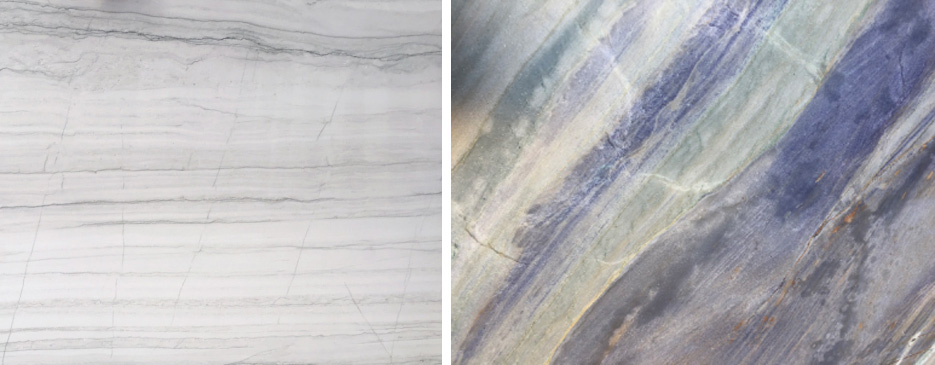 Above, left: White quartzites that have a marble-like pattern of grey swirls and layers, like White Macaubas or Infinity White, contain thin ribbons of muscovite or biotite mica.  Above, right: Blue quartzites like Imperial Blue and Azul Macaubas contain dumortierite, which is an uncommon blue mineral.             