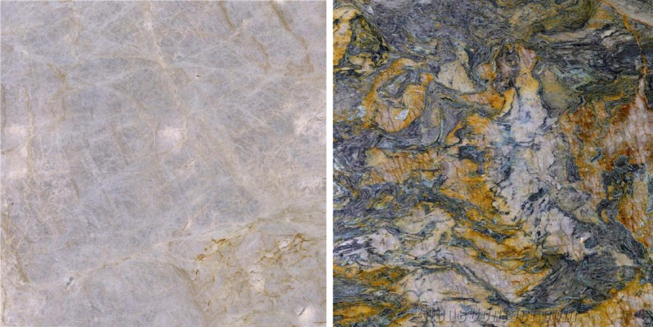 Above, left: Some white or light-colored quartzites are pretty much pure quartz, like Taj Mahal, Sea Pearl, and Allure. Above, right: The most striking features of Marine Blue quartzite are the swirls of quartz that melted when this stone was brought right to the brink of melting completely. The stone also contains mica minerals, and vivid orange accents of hematite.