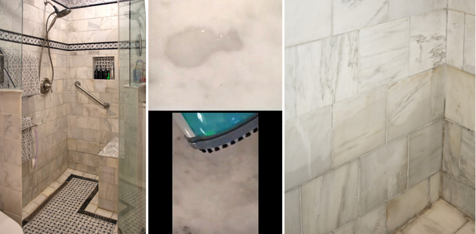 Above, left: Marble showers: How often should the stone be sealed – or not be sealed, at all? Above, middle: Absorbed water and water vapor show up as darker areas in the unsealed marble (top) and the sealed marble steam test. Above, right: Darker wall tiles at the bottom of this marble shower show signs of water absorption.