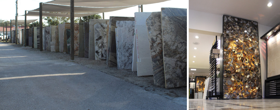 European Marble Company started bringing in container-loads of stone in the mid-1980s. Serving a high-end market means having some of the finest stone available to offer their clients - like the slabs in their slabyard, and the feature walls displayed in their showroom.