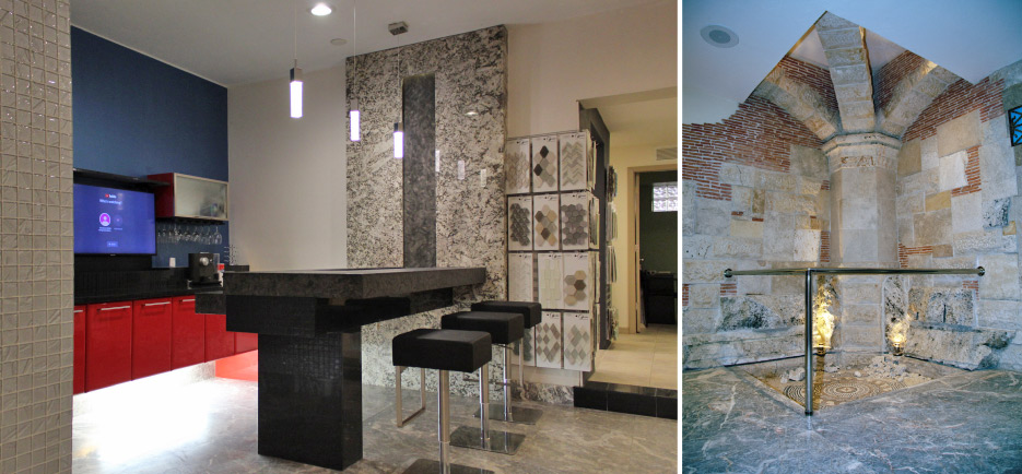 Above, left: This vignette of a wet bar in the Eurpean marblr showroom is also a vertical water feature. Above, right: One of the picturesque dimensional stone displays in their showroom includes a mosaic floor and vaulted arch – straight out of an a restored archaelogical site from Italy.