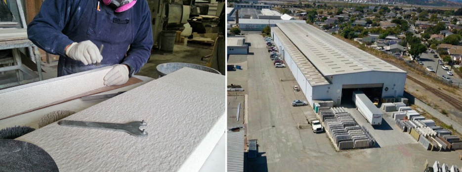 Above, left: Production by the Fox Marble Custom division is highly automated, but sometimes there’s no mechanical substitute for hand-finishing a project to perfection.  Above, right: A 100,000 square foot building now houses the three divisions including ample production and admin space. Other facility upgrades include a 260 kW solar generating system on the roof, a state-of-the-art ventilation system and a new water treatment system. 