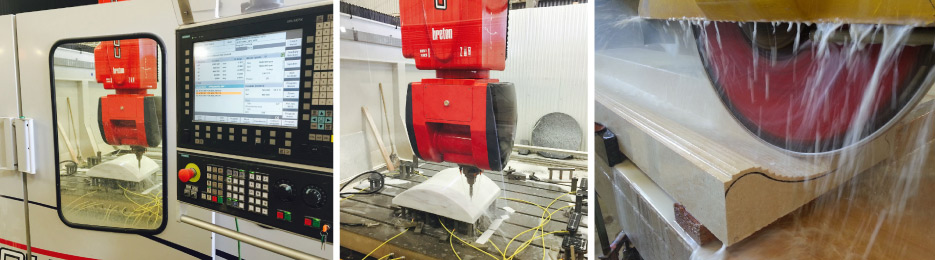 Above, left and center: With its 3-D capabilities,  the Breton dual-table 5-axis CNC is a workhorse for Fox Marble Custom production.  Above, right: Their BACA Robo Sawjet step-cuts a fireplace surround.