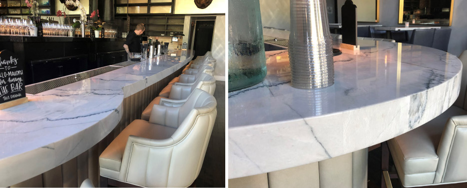 Above:  White Macaubas quartzite bar top features a faceted miter edge. Produced and installed for Avow, a restaurant in Napa, San Francisco, all the table tops feature the White Macaubas quartzite. 