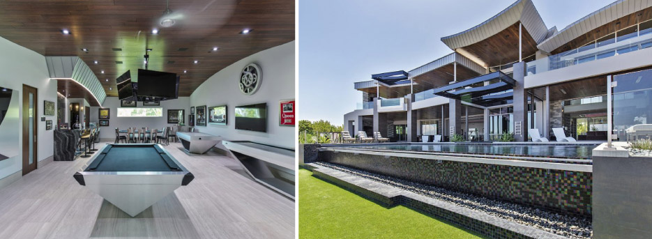 Residential project in Las Vegas includes a custom game room bar, great room fireplace surround, and interior Neolith Flooring; on the exterior,  the overhang cladding and facade, and an infinity pool facade also feature Neolith. 