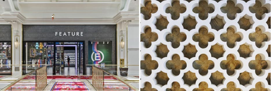 Above, left: Neolith cladding on the  Las Vegas boutique Feature storefront. The store interior also uses a coordinating Neolith  wall cladding. Above, right: Vent cover produced with their Breton CNC.