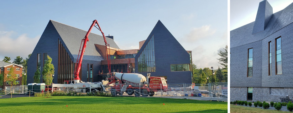 Lifting the natural slate panels into place on the CETA building.