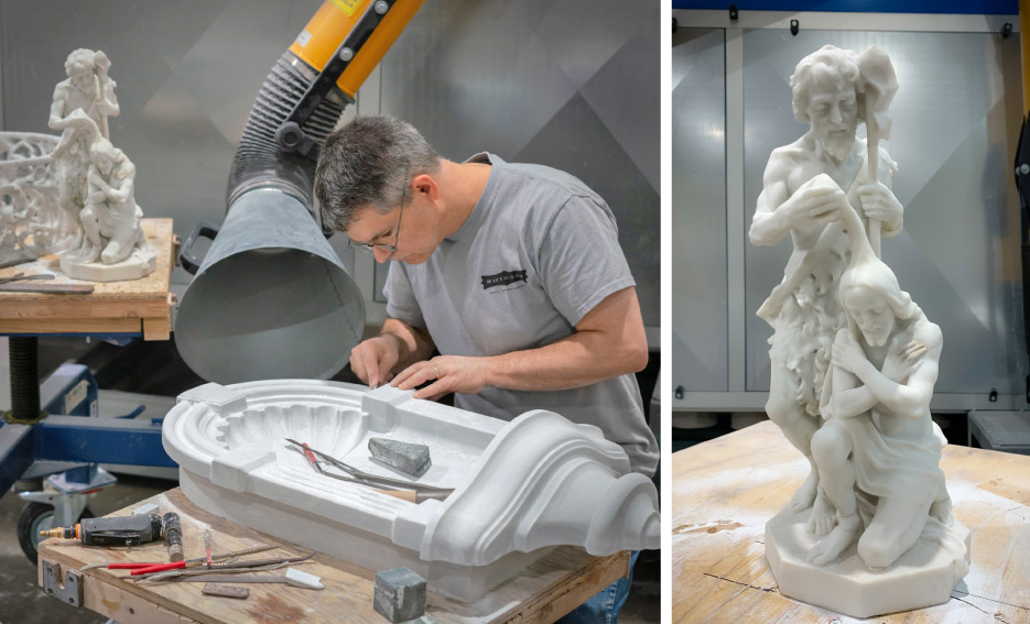 Marcella adds hand-carved finishing details, and will hand-sands and polishes the sea-shell shaped niche that will house and display the St. John statue.