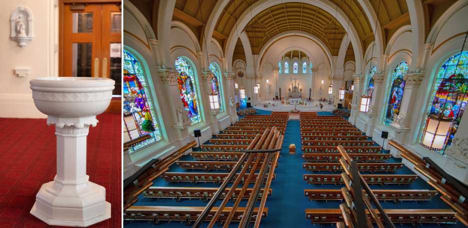 Above, left: At the Cathedral of Our Lady of Lourdes, in Spokane, the pure white marble baptismal glows after being cleaned and restored. In the background the rescued statue of St. John has a place of honor in its new niche. Above, right: The Cathedral of Our Lady of Lourdes, after renovations, looking towards the  altar. The cathedral has a wealth of pure white marble carvings depicting the Stations of the Cross between the stained glass windows.