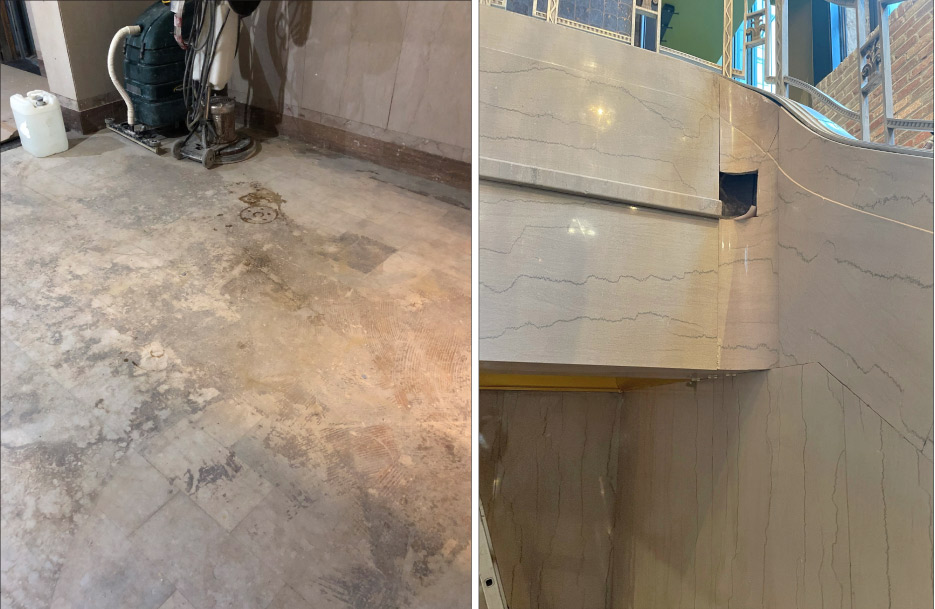 Lower level marble floor showing adhesive residue and heavy wear.