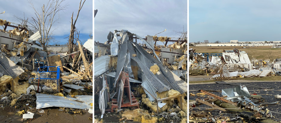 Recognizable bits of the Stone World  TN shop can be seen amidst the wreckage:  Left to right, their Water Treatment Technology system;  A-Frame racks, still loaded with material; and heavy granite slabs toppled like dominos in the slab storage area.