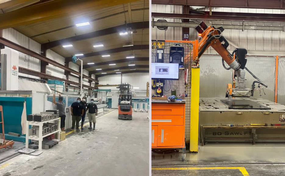 Current Stone World TN shop equipment includes 2 Poseidon Industries T-REX 5-Axis Bridge Saws, a Poseidon Trident Inline Polisher,  a BACA Systems Robo SawJet, and a Turrini Claudio water system.