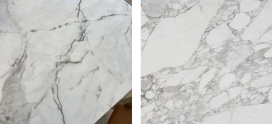 Left: Porcelain is often printed to mimic the beauty and veining of genuine marble. Photo courtesy of Stephanie Vierra.     Right: Arabescato marble, showing the natural formation and veining present in crystalline marble.