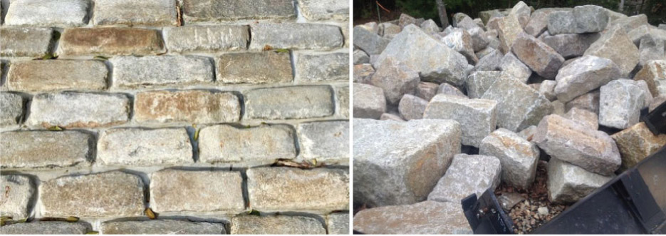 These Big Dig cobblestones have a traditional patina that blends into many environments. Right: Semi-dimensional reclaimed granite blocks – raw material harvested and awaiting repurposing.  