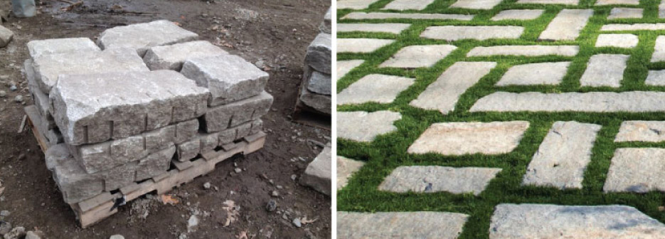 Palette of stone after harvesting and ready for re-installation.  Right: Stones installed in an exterior landscape design. These weathered gray and earth tone pavers are a combination of palletized granite squares and rectangles which allow running bond and patchwork paving patterns with a loose joint. They are 4-6 inches thick with natural sides, with no square over 18 x 18 inches.