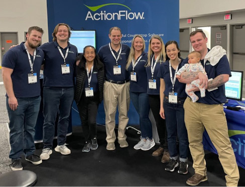 The ActionFlow team at the 2022 TISE show.  ActionFlow facilitates communication within the entire shop by managing and streamlining production. It can create a schedule of jobs ready to be installed and confirmed with the customer, among other valuable features. 