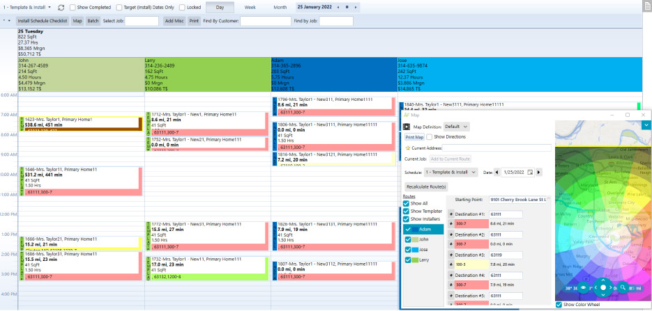 ActionFlow scheduler from the desktop, admin view. This custom dashboard carries a lot of information, including personnel, outlined projects and responsibilities, and the timeline to complete installation.