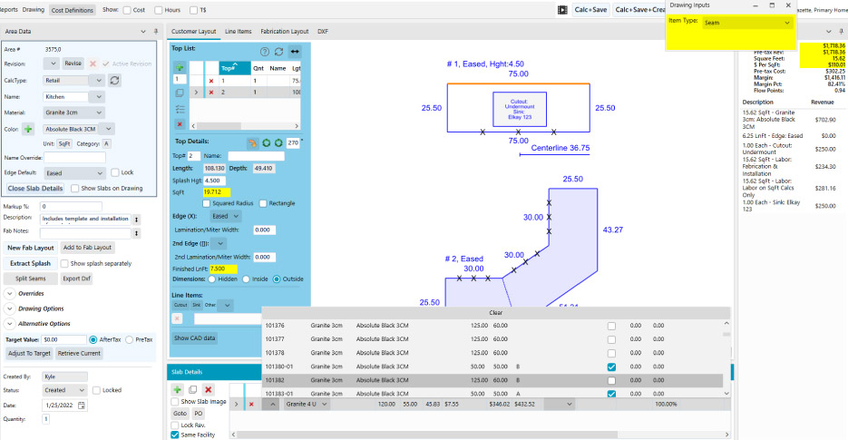 ActionFlow quoting tool sample shows the flexibility built-in to suit the user’s needs.  This screen includes job layout and pricing information, and allows the user to assign inventory to jobs. An additional feature allows you to see your margins on each job, and to duplicate the parameters for similar projects, like a multifamily job. Substituting a different material is easy, for managing upscale jobs.