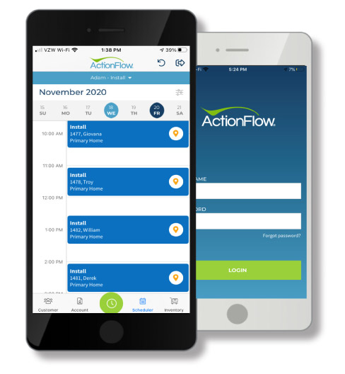 Above:  The view in the field.  ActionFlow creates a shared schedule, and allows you to plot the most efficient route and share the destination with install teams.