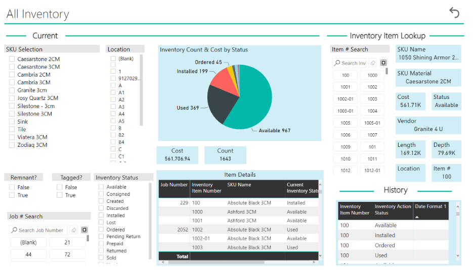 ActionFlow has an inventory system available with the Enterprise package. Search your inventory by different criteria like manufacturer, color, and type of stone. Determine availability in your inventory. Create purchase order and send to vendors to order the stone specified for a job.  ActionFlow also can link with other inventory and labeling systems like Slabsmith.