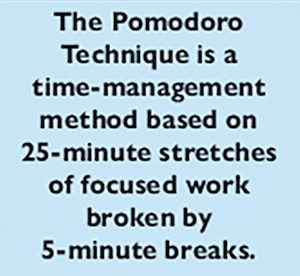 The Pomodoro Technique is a time-management method based on 25-minute stretches of focused work broken by  5-minute breaks.