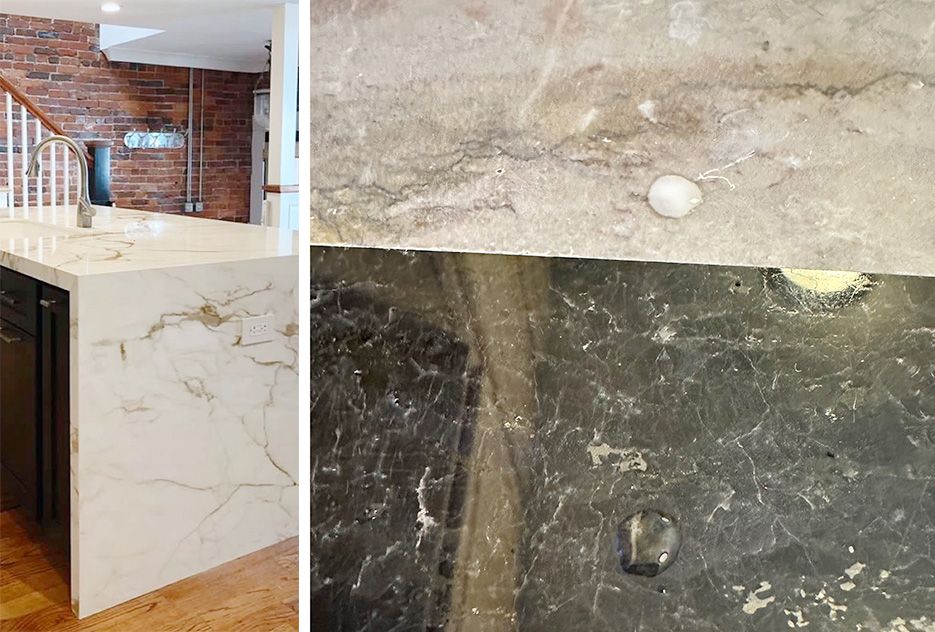 Left: Porcelain center island. Horizontal and vertical pieces are 1/2 inch with a 45° miter joint to appear like thicker material.    Right: A drop of hydrochloric acid on marble (top-right picture) and on granite. Note that on the marble, the acid effervesces, and on the granite the acid has no reaction.