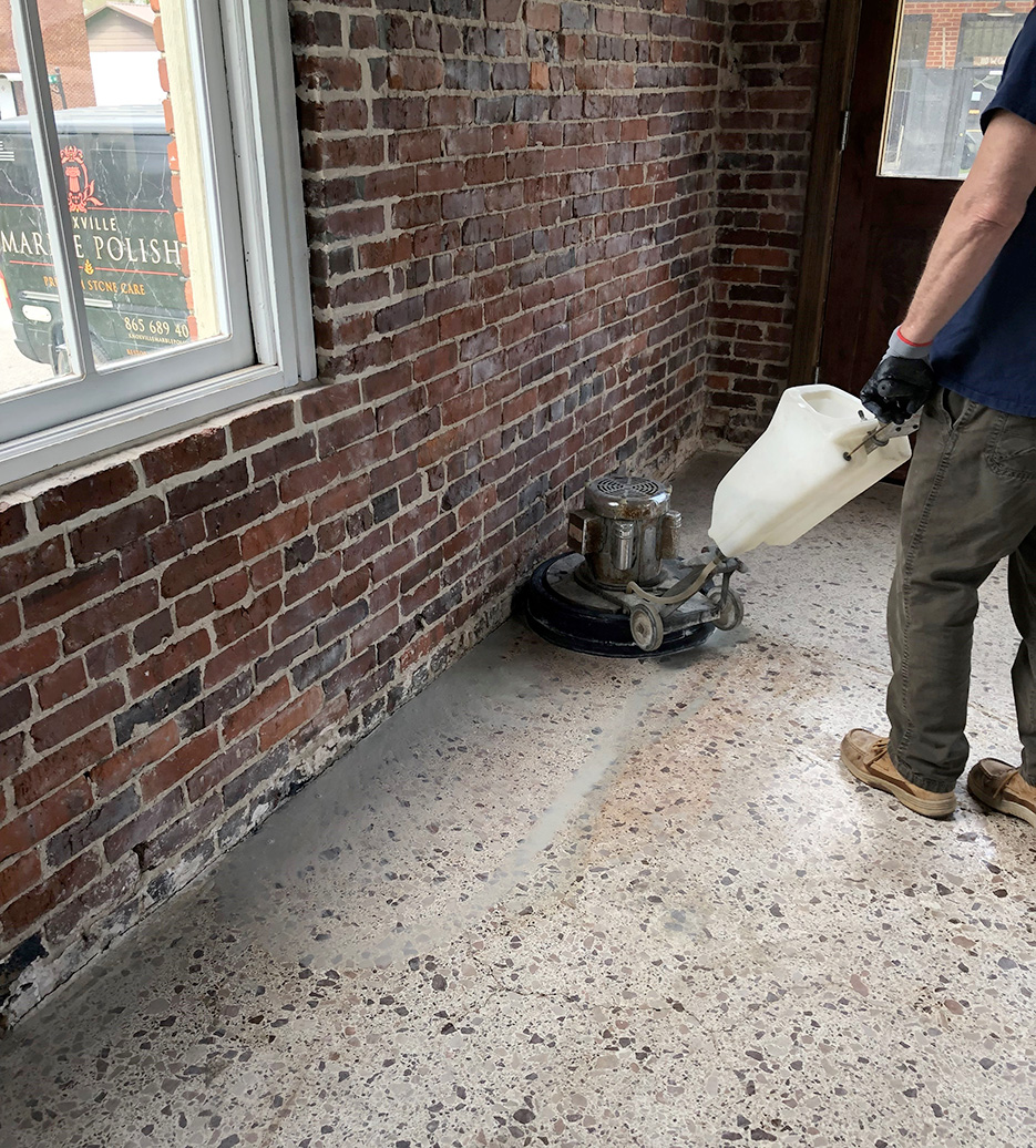 Refinishing a cement-based terrazzo floor. Older terrazzo installations are more likely to have a cementitious binder instead of an epoxy binder and will affect your tool choices.