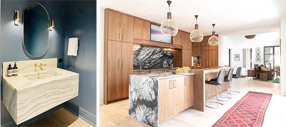 Right: Residential remodel: White Soapstone, with custom builder Forte Building Group, Nashville, TN Left: Custom Onyx sink for Blackberry Farms builder partner FE Trainer, Knoxville, TN