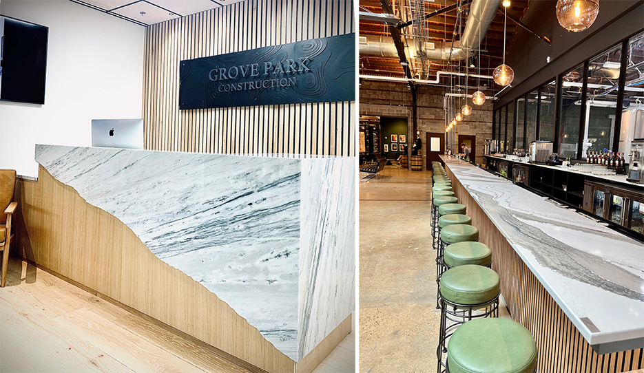 Left: Reception desk for custom builder Grove Park’s new offices, in Brentwood, TN  Right: 50 foot Cambria Skara Brae bartop for Nelson’s Greenbrier Distillery – Nashville, TN