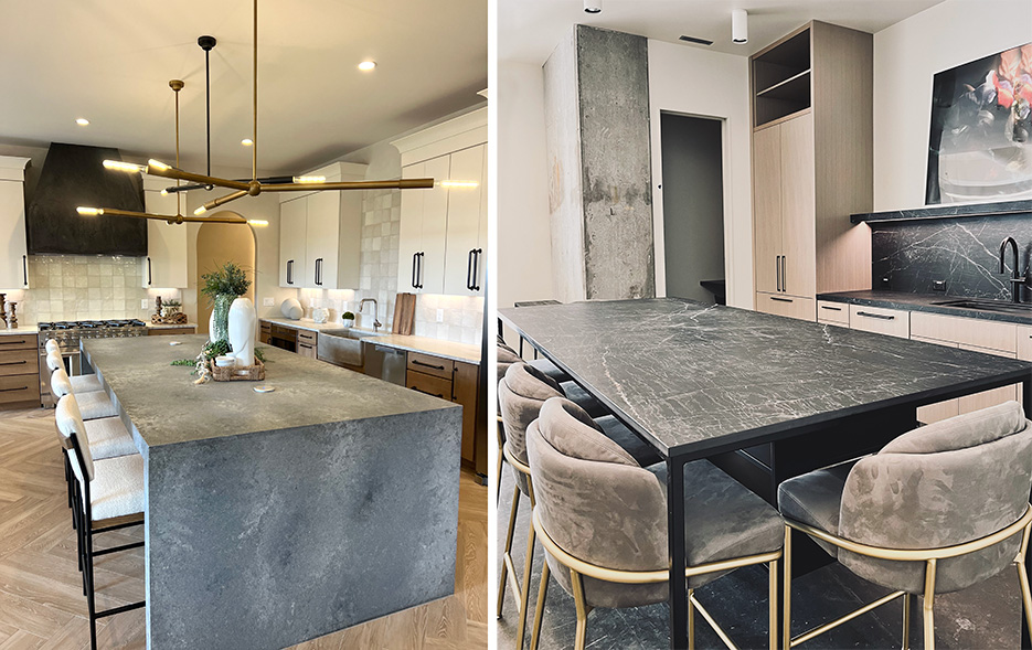 Left: Caesarstone quartz Rugged Concrete mitered island and kitchen for a Knoxville, TN Parade of Homes  Right: Dekton conference room counters and table for Nashville, TN architect’s office