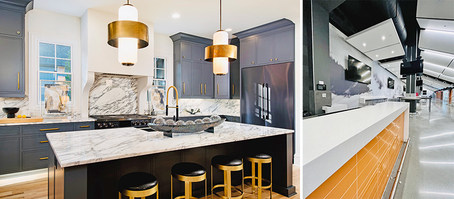 Left: Kitchen for builder partner Luna Custom Homes, cabinetry by Franklin Kitchen Center  Right: Cambria Quartz mitered bartop for Neyland Stadium remodel, University of Tennessee, Knoxville, TN 