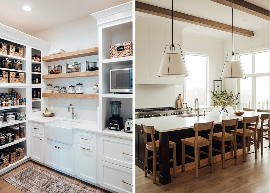 Left: Walk-in pantry includes a farmhouse sink and prep area.