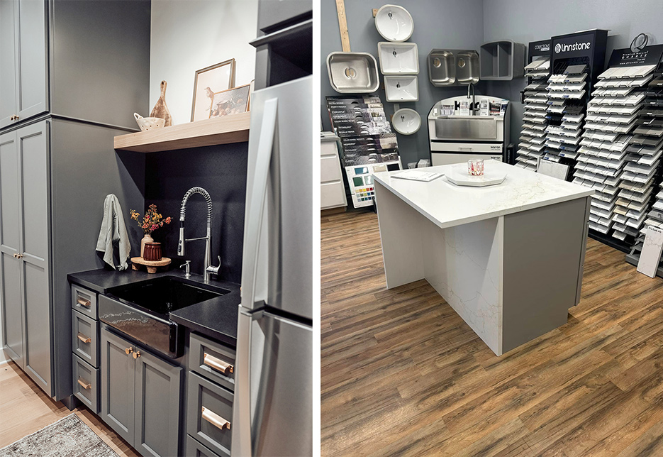 Their compact showroom includes a selection of surfaces and Envy sinks.