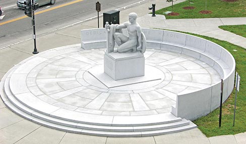 Barre, VT citizens and businesses originally funded the “Youth Triumphant” War Memorial, dedicated on Armistice Day, Nov. 11, 1924. New pavers were installed in 2011. It is located on Main Street in front of City Hall Park.