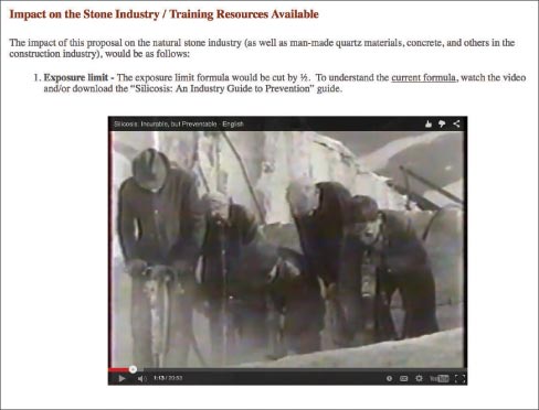 Video on the MIA website helps explain the dangers of silicosis, medical opinions about the disease, how NIOSHA tests and gathers data on exposure, and the best ways to limit exposure using wet process stone fabrication