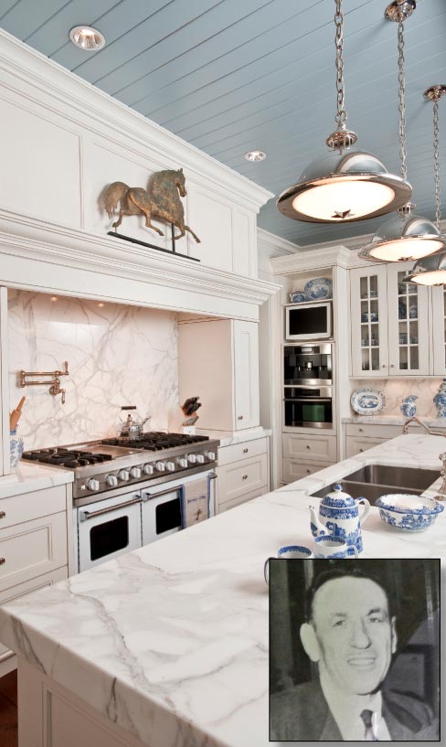 This residential kitchen showcases an expansive use of Calacatta Gold Marble on the island, perimeter countertops, and backsplash, including a mitered stand-up edge on the large island. Inset: Santarossa Mosaic and Tile Company Founder Domenic Santarossa, c.1950