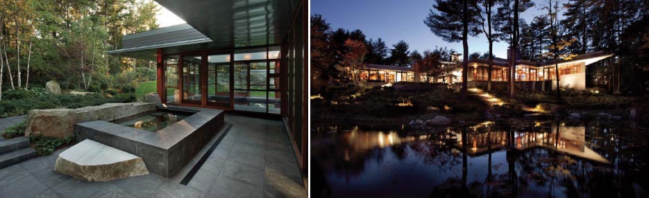 This 22,000 square foot residence near Boston seamlessly blends the same stones used inside as outside, including Virgina Mist granite,  Oxford Black granite, and Bleu de Savoie marble.