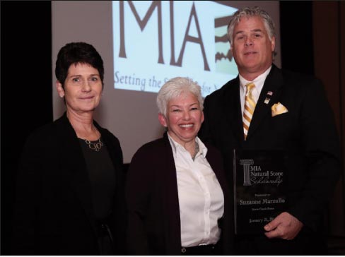 Suzanne Marzullo (center) accepts the 2015 MIA Natural Stone Scholarship Award from award sponsors Kathy Spanier (Coldspring) and 2015 MIA President Dan Rea (Coldspring).