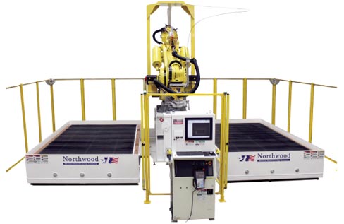 The RSJ M900 Single Table Sawjet, with the double table configuration. The robotic arm is produced by Fanuc Corporation, a worldwide maker of state-of-the-art robotic arms. It is industrial grade and not just off the assembly line according to Northwood Machine Sales Manager Robbie Tidwell.