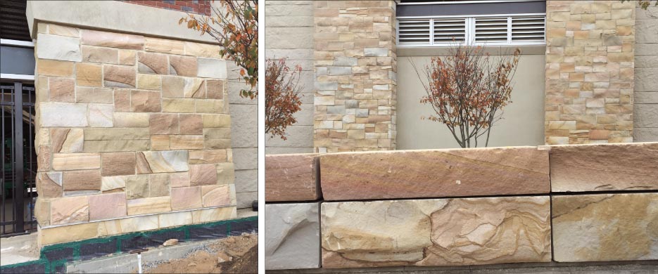 Crab Orchard perimeter blocks and piers going up on the updated  Braves stadium in Atlanta, Georgia. This wall shows the beautiful range of color available in the sandstone.