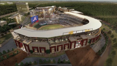 Atlanta has a healthy dose of Silvara’s Crab Orchard stone, too. The Atlanta Braves stadium features 1,800 linear feet of benches by Silvara that wrap around the diameter of the stadium, plus a wall of Silvara’s Crab Orchard.