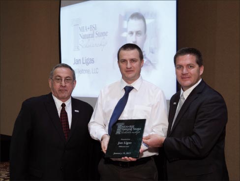 Jan Ligas (center), presented with the 2016 Natural Stone Scholarship by MIA President David Castellucci and BSI President Aaron Hicken. 