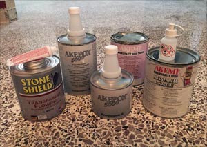 Transparent flowing, knifegrade and penetrating adhesives are specially formulated for specific gluing and filling operations on granite, marble, terrazzo and other natural stone and hard surfaces. Epoxies have an especially strong bond for repairing stone-to-stone breakage and are generally more weather-resistant than polyester adhesives.