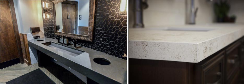 Vanity for a commercial job features a custom apron and built-in sink. Below: Miter edge detail showcases capability of the BACA Robo SawJet.