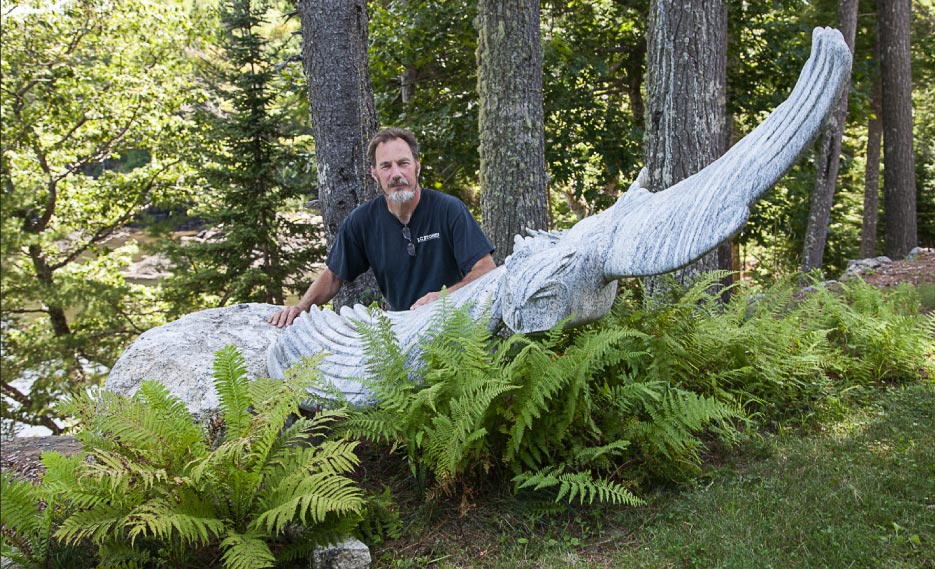 To mount this cantilevered sculpture, Andreas drilled a 39-inch-deep hole and inserted a machined steel sleeve in the right wing. One end of a 2-inch-thick steel bar was tapered down to 1 inch and then inserted into the bird, while the 2-inch end was inserted into a rock base. 