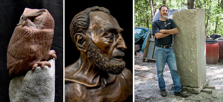 Above, Left: Life-size Rufous Screech Owl in 	Gouldsboro Pink granite.   Above, Middle: Portrait in bronze of Friedrich von Huene, Andreas’ father.